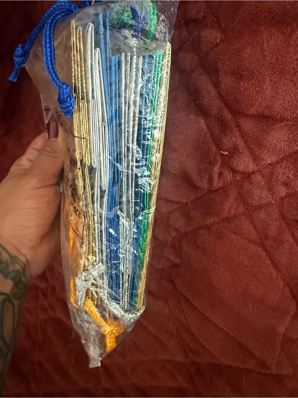 Embroidered Yellow Drawstring Pouch with Blue Cord